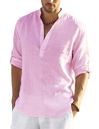 COOFANDY Men's Pink Linen Long Sleeve T-Shirt