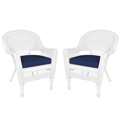 Jeco White Wicker Chairs with Blue Cushions, Set of 2