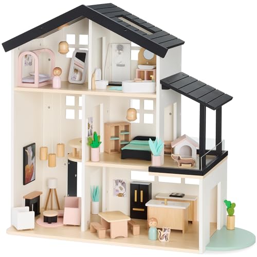 Wooden Dollhouse with Accessories Playset