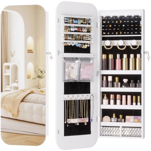 LVSOMT Lockable Mirror Jewelry Cabinet with LEDs