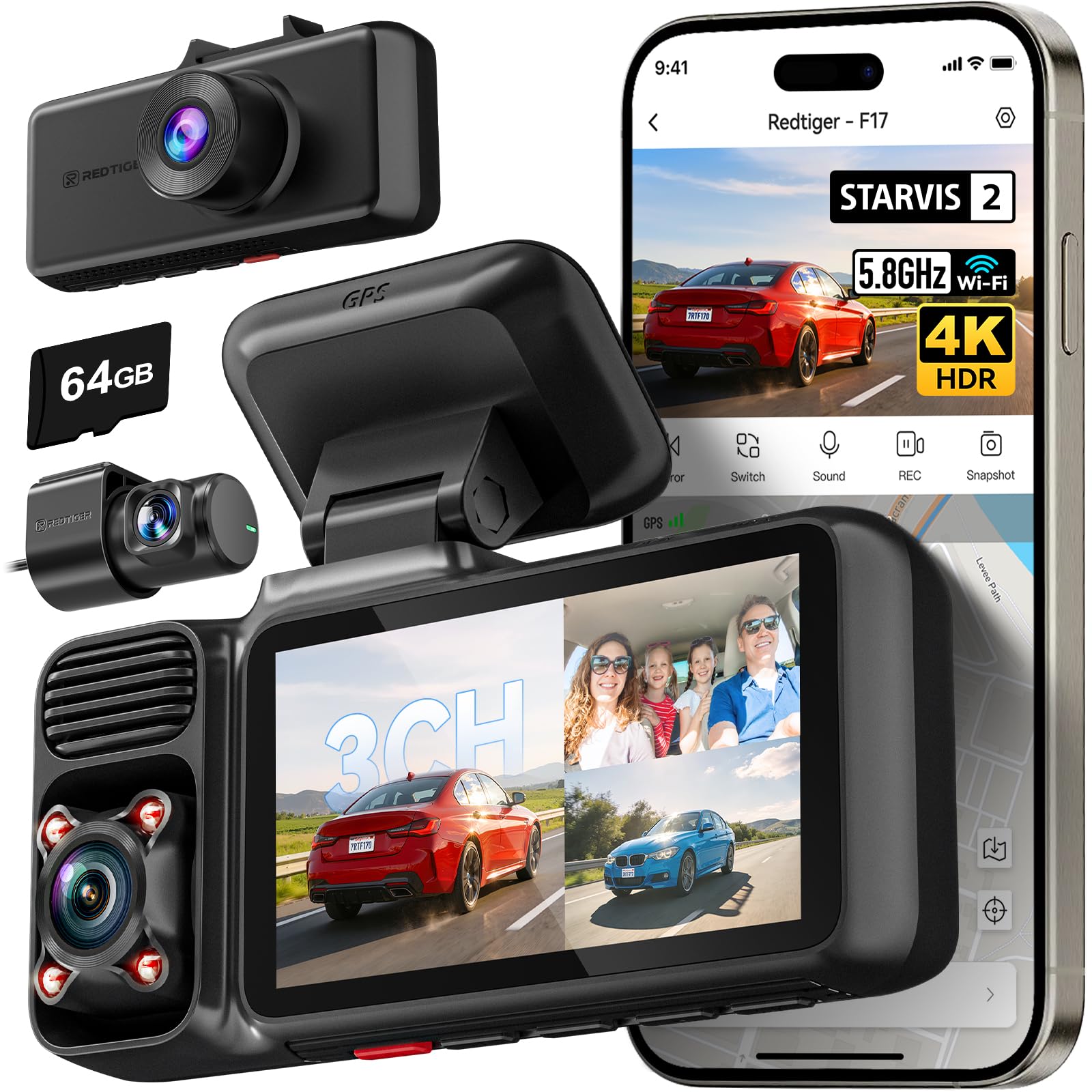 REDTIGER 4K 3 Channel Dash Cam with GPS