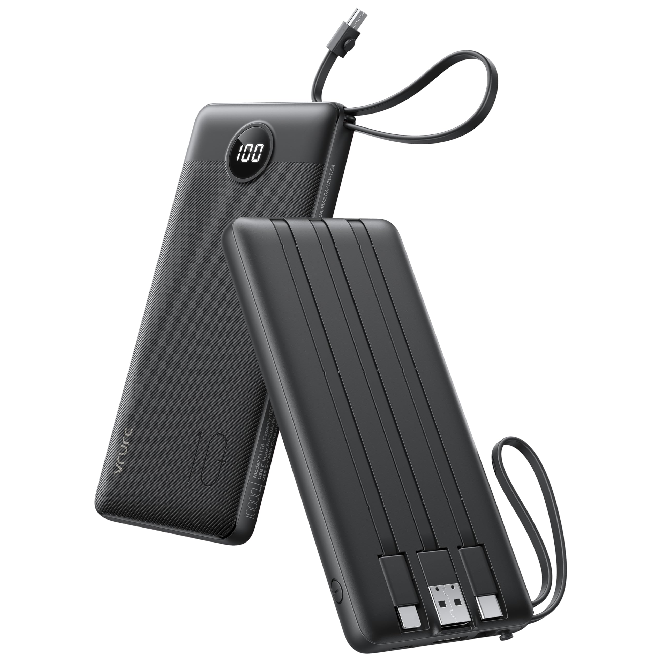 VRURC 10000mAh Slim Power Bank with Cables